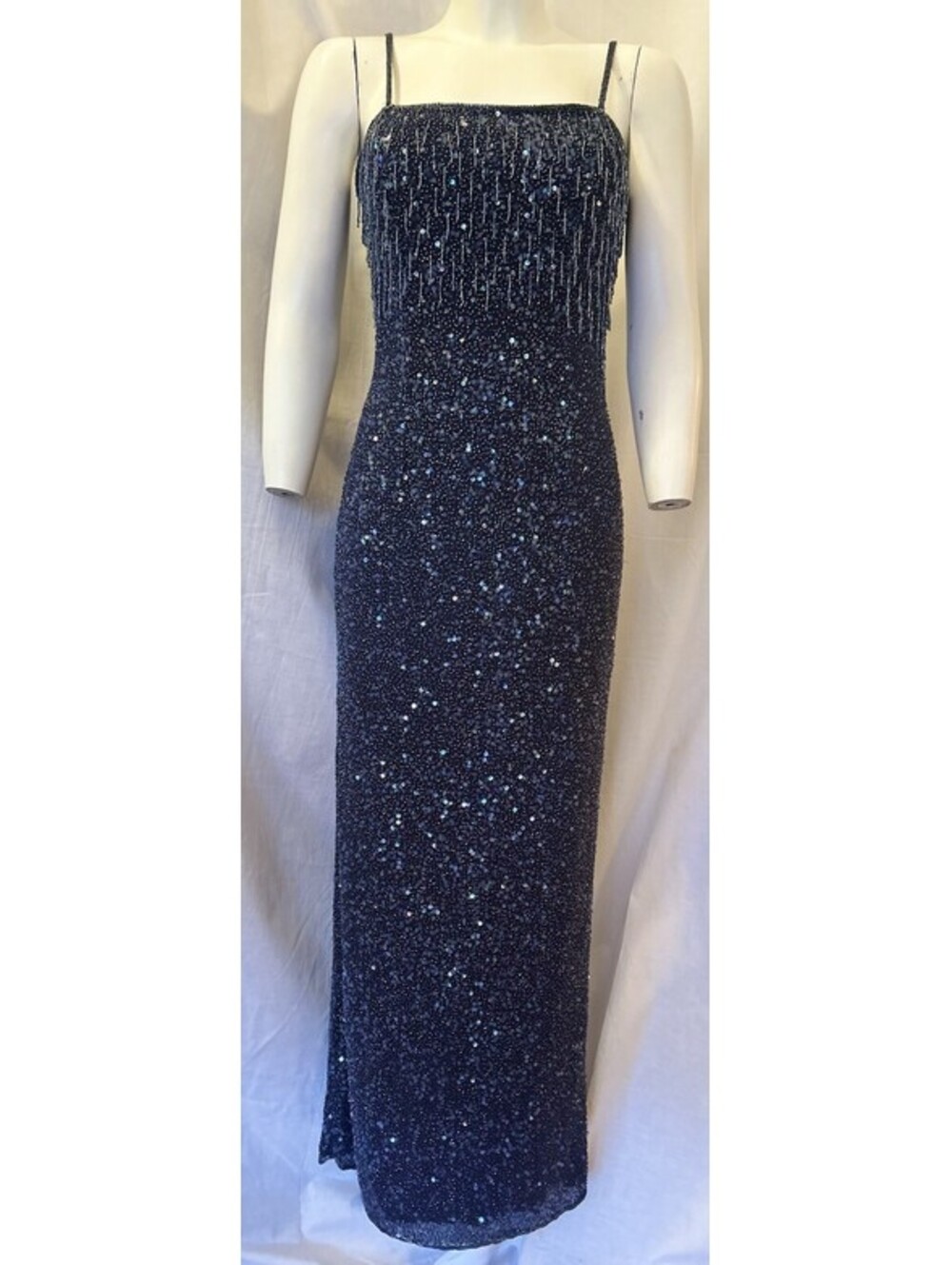 VTG Y2K Scala Blue Silk Beaded Fringe Sequin Formal Prom Maxi Dress SZ S/M